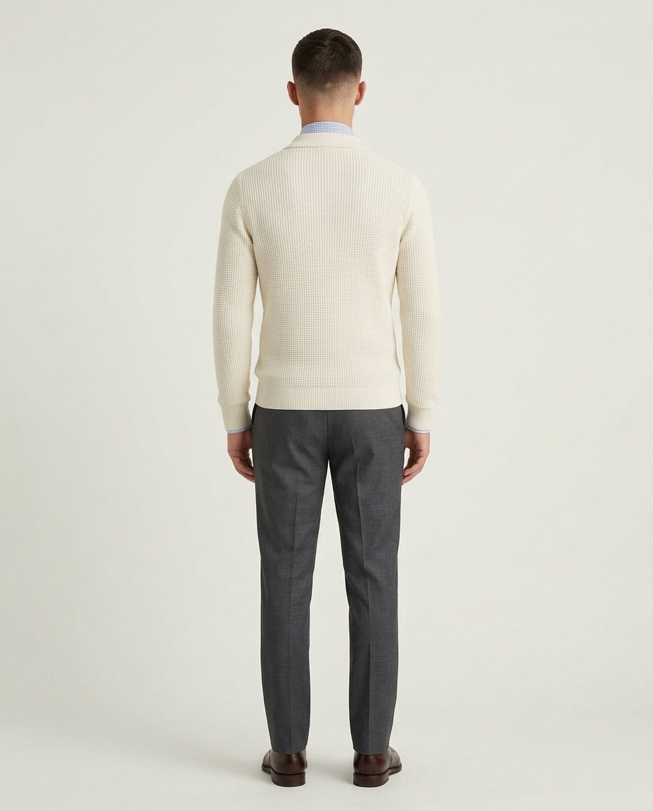 Men's Textured Knit Quarter Zip Jumper with Polo Collar - White