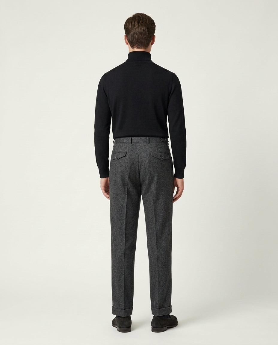 Men's Pleated Wide Leg Trousers with Turn-Ups - Grey