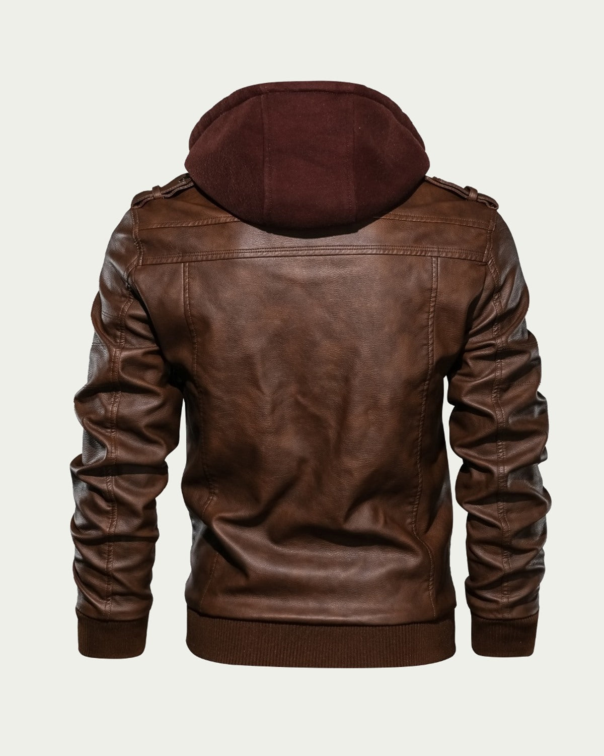 Men's Faux Leather Hooded Jacket - Zip Through Biker Style - Brown