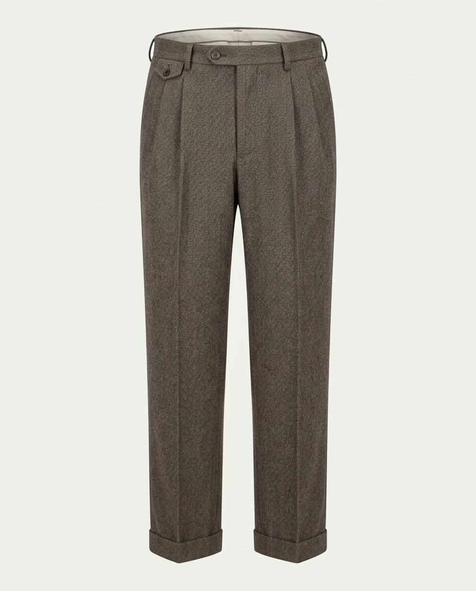 Men's Pleated Wide Leg Trousers with Turn-Ups - Chestnut