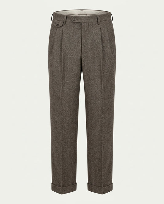 Men's Pleated Wide Leg Trousers with Turn-Ups - Chestnut