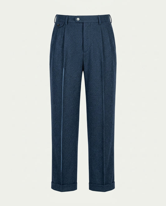 Men's Pleated Wide Leg Trousers with Turn-Ups - Navy