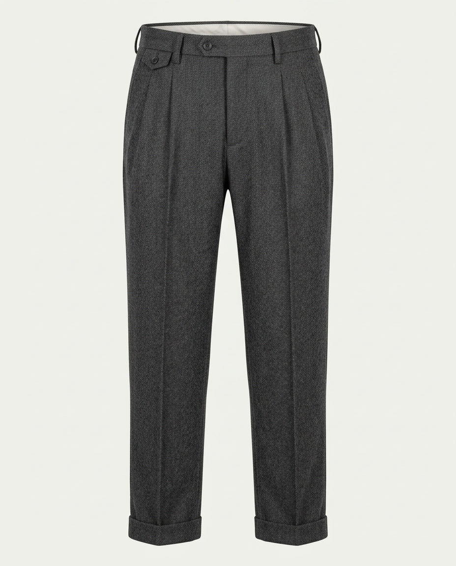 Men's Pleated Wide Leg Trousers with Turn-Ups - Grey