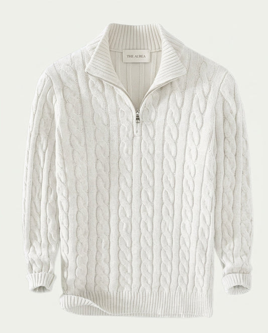 Men's Cotton Cable Knit Quarter Zip Jumper - White