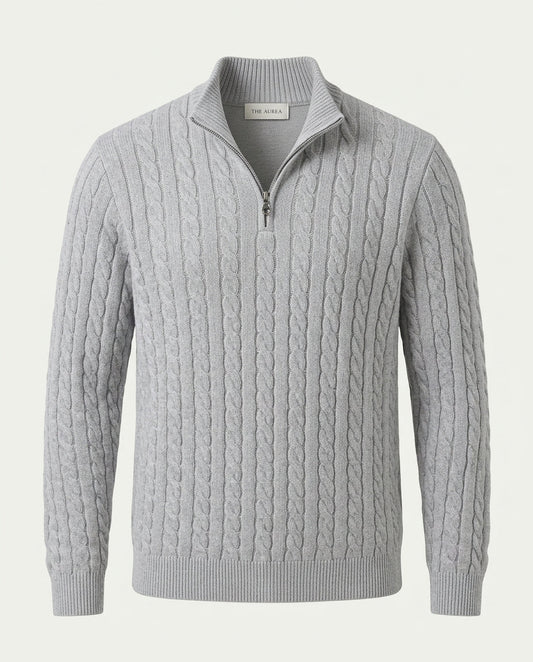 Men's Cotton Cable Knit Quarter Zip Jumper - Grey