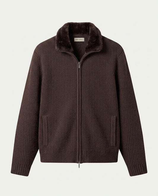 Men's Wool Blend Zip Through Cardigan with Detachable Collar - Brown