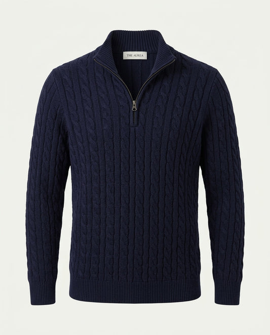 Men's Cotton Cable Knit Quarter Zip Jumper - Navy