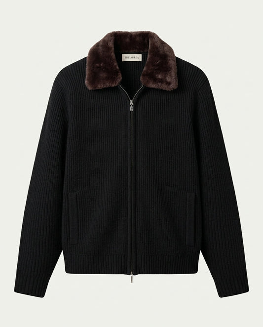Men's Wool Blend Zip Through Cardigan with Detachable Collar - Black