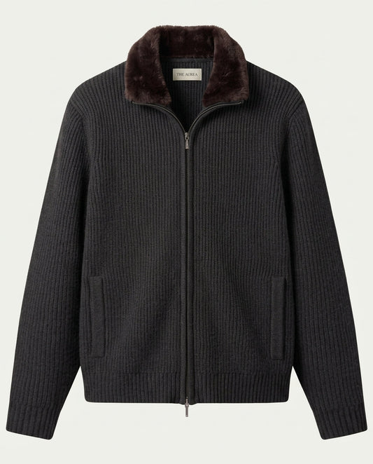 Men's Wool Blend Zip Through Cardigan with Detachable Collar - Dark Grey