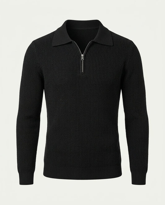 Men's Textured Knit Quarter Zip Jumper with Polo Collar - Black