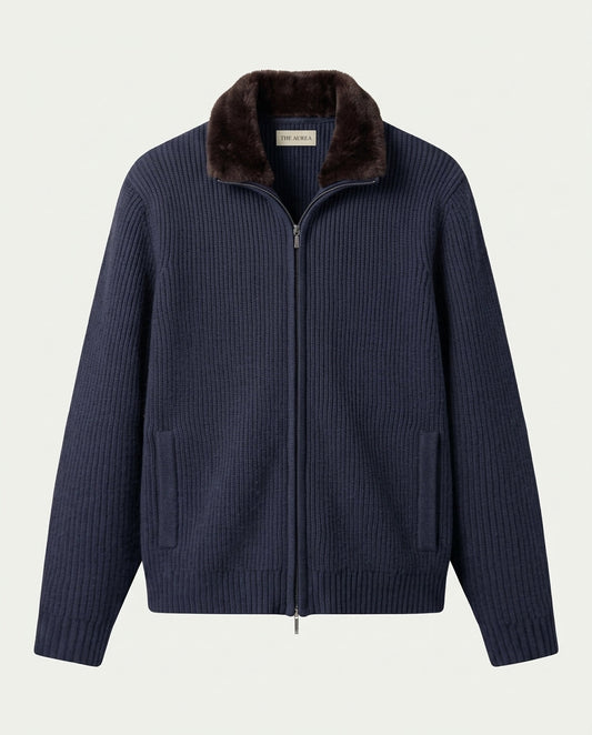 Men's Wool Blend Zip Through Cardigan with Detachable Collar - Navy