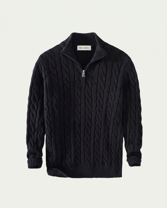 Men's Cotton Cable Knit Quarter Zip Jumper - Black