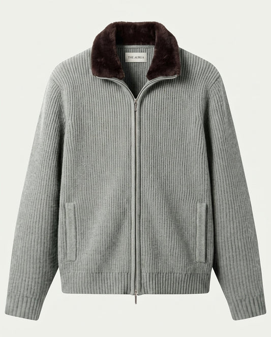 Men's Wool Blend Zip Through Cardigan with Detachable Collar - Light Grey