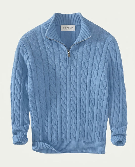 Men's Cotton Cable Knit Quarter Zip Jumper - Light Blue