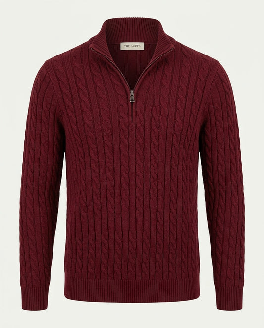 Men's Cotton Cable Knit Quarter Zip Jumper - Burgundy