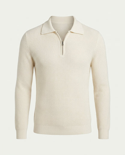 Men's Textured Knit Quarter Zip Jumper with Polo Collar - White