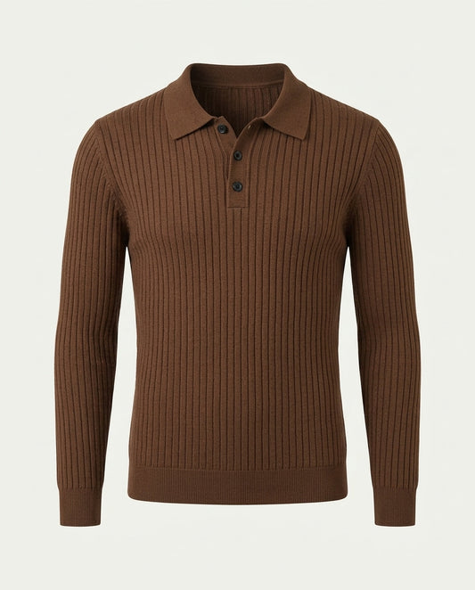 Men's Long Sleeve Ribbed Knitted Polo - Brown