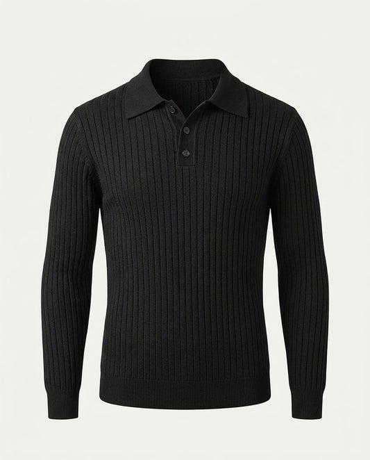 Men's Long Sleeve Ribbed Knitted Polo - Black