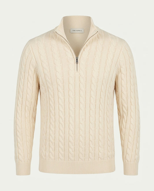 Men's Cotton Cable Knit Quarter Zip Jumper - Beige