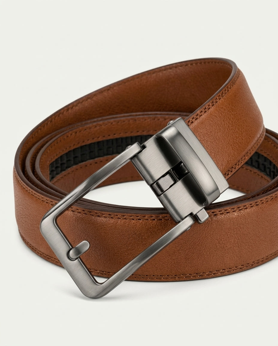 Men's Ratchet Belt - No Holes, Automatic Buckle - Cognac