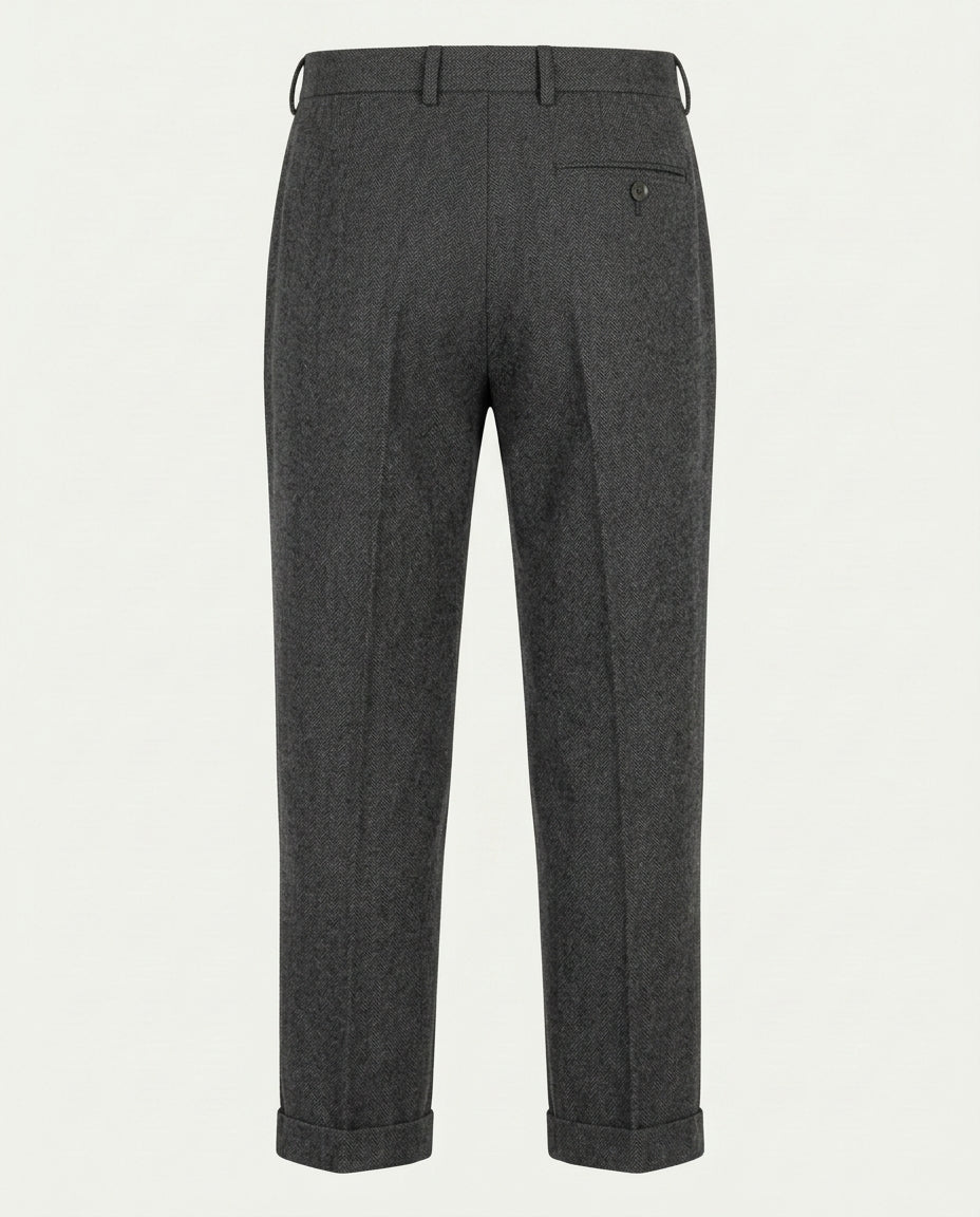 Men's Pleated Wide Leg Trousers with Turn-Ups - Grey