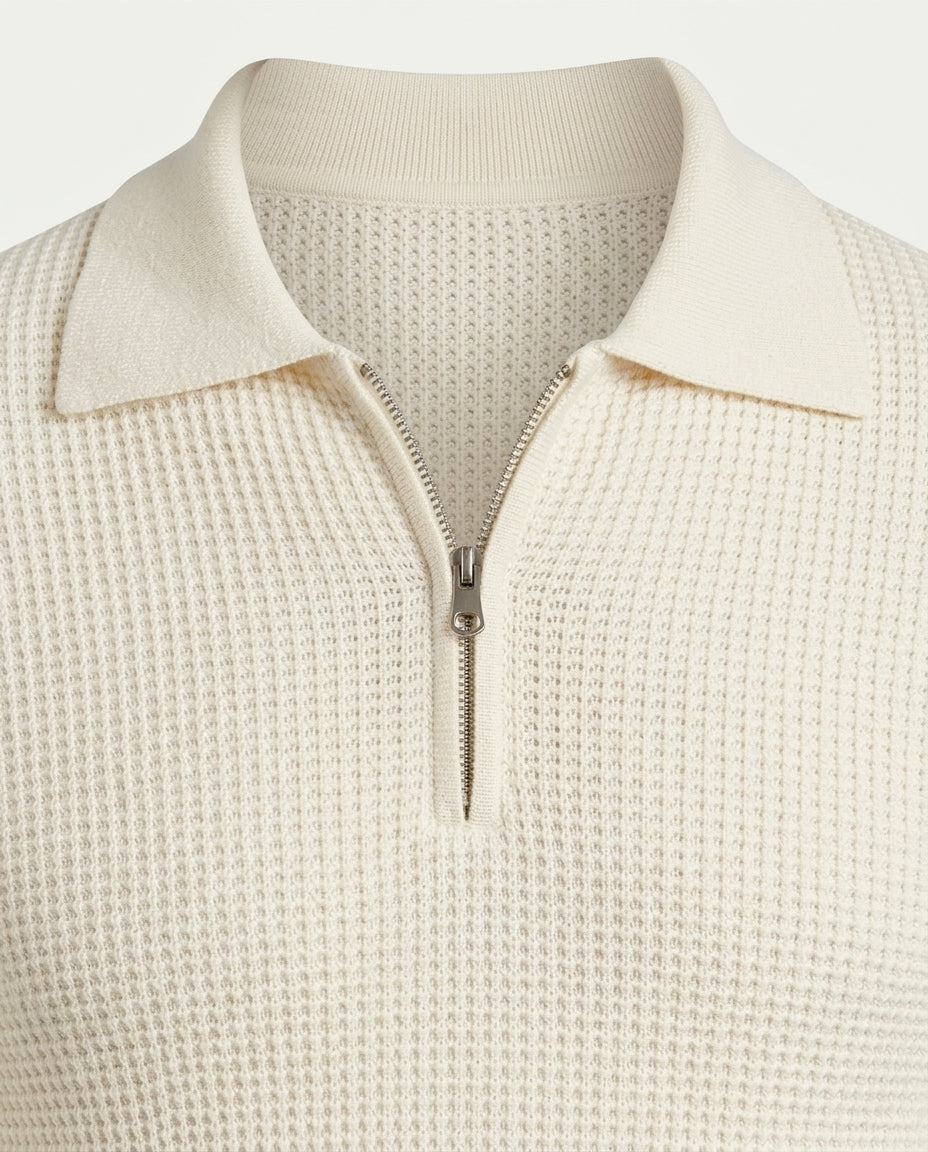 Men's Textured Knit Quarter Zip Jumper with Polo Collar - White