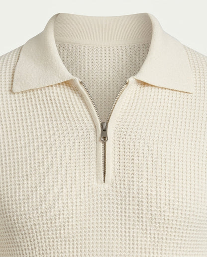 Men's Textured Knit Quarter Zip Jumper with Polo Collar - White
