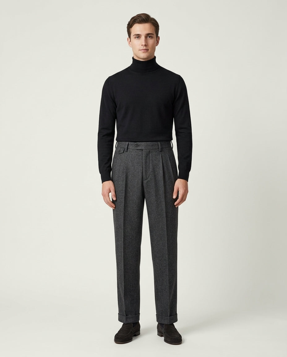 Men's Pleated Wide Leg Trousers with Turn-Ups - Grey