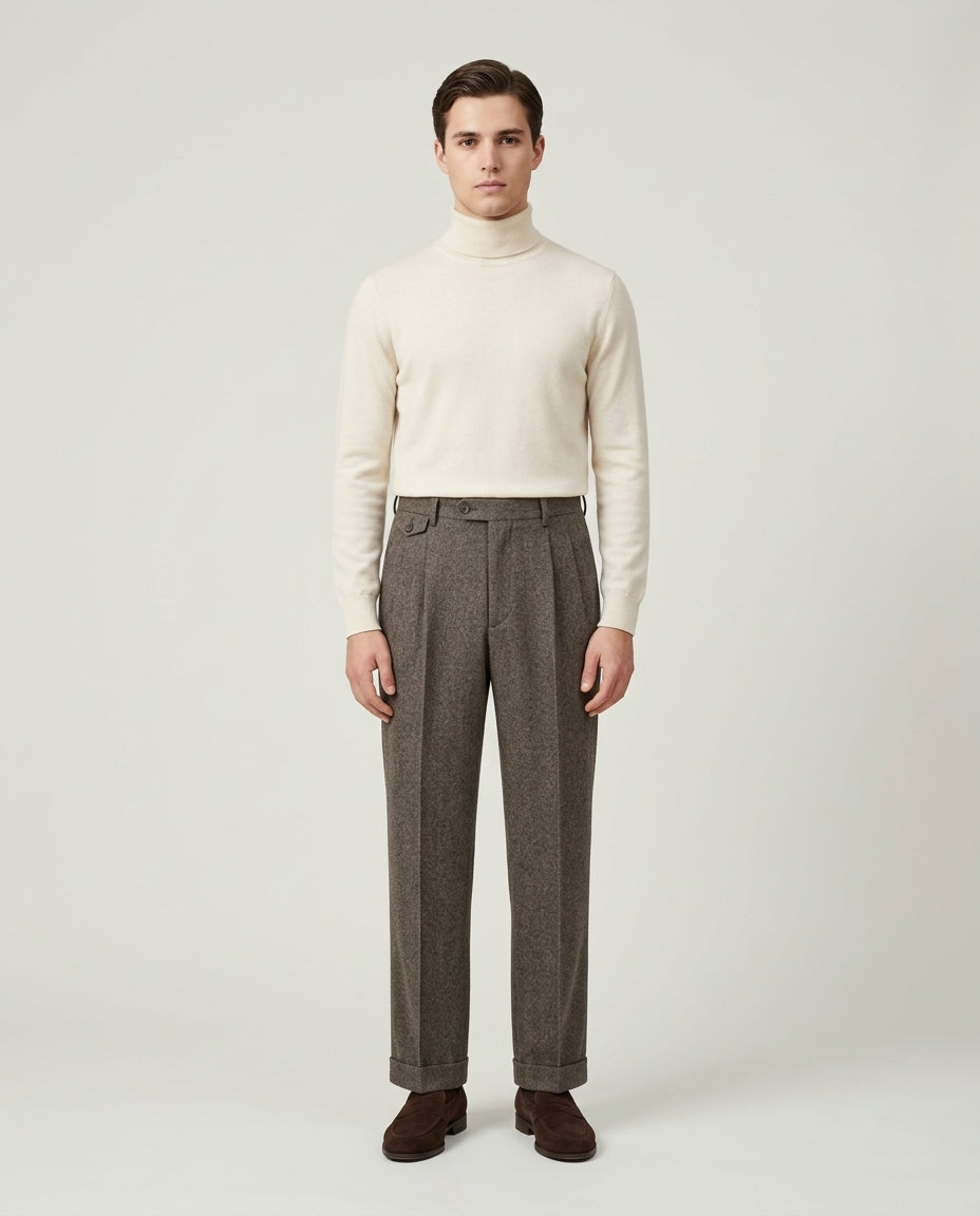 Men's Pleated Wide Leg Trousers with Turn-Ups - Chestnut