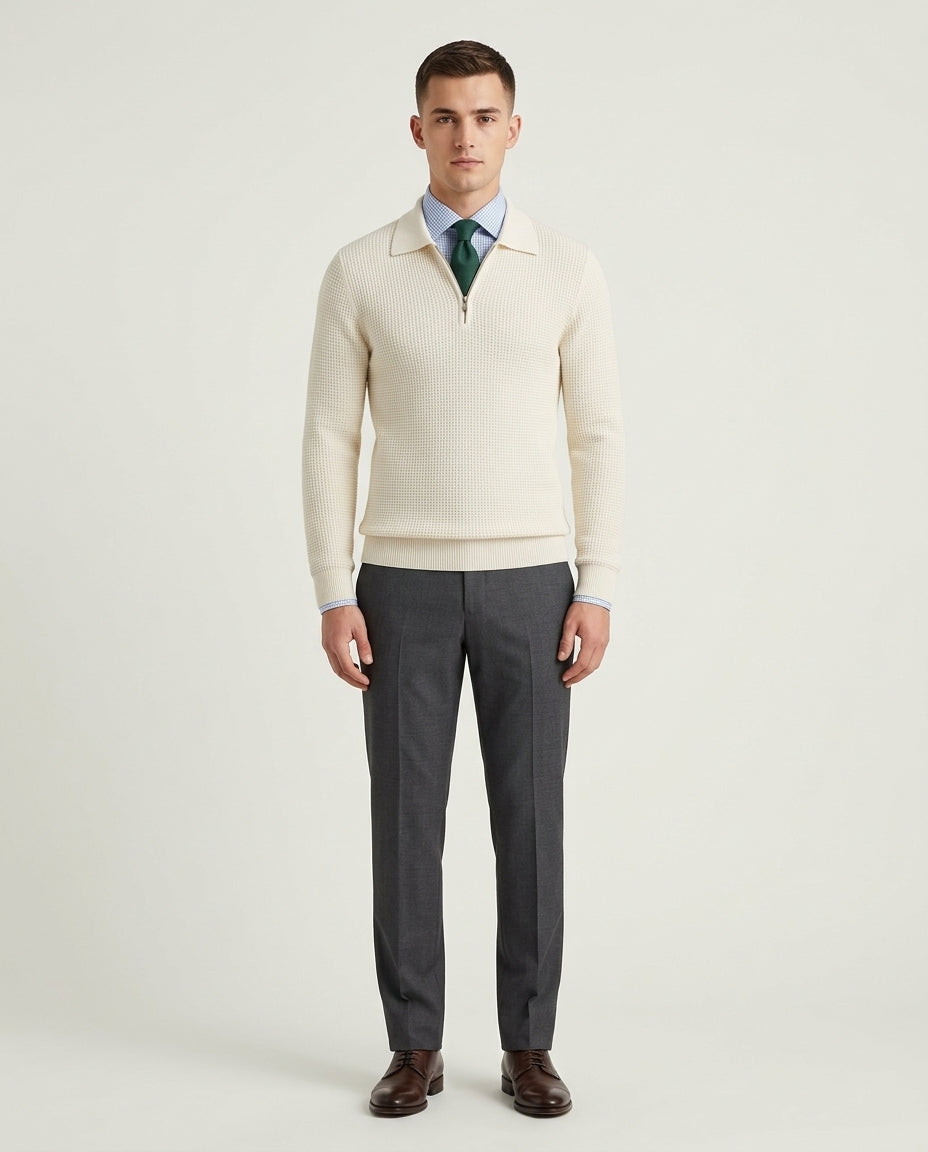 Men's Textured Knit Quarter Zip Jumper with Polo Collar - White
