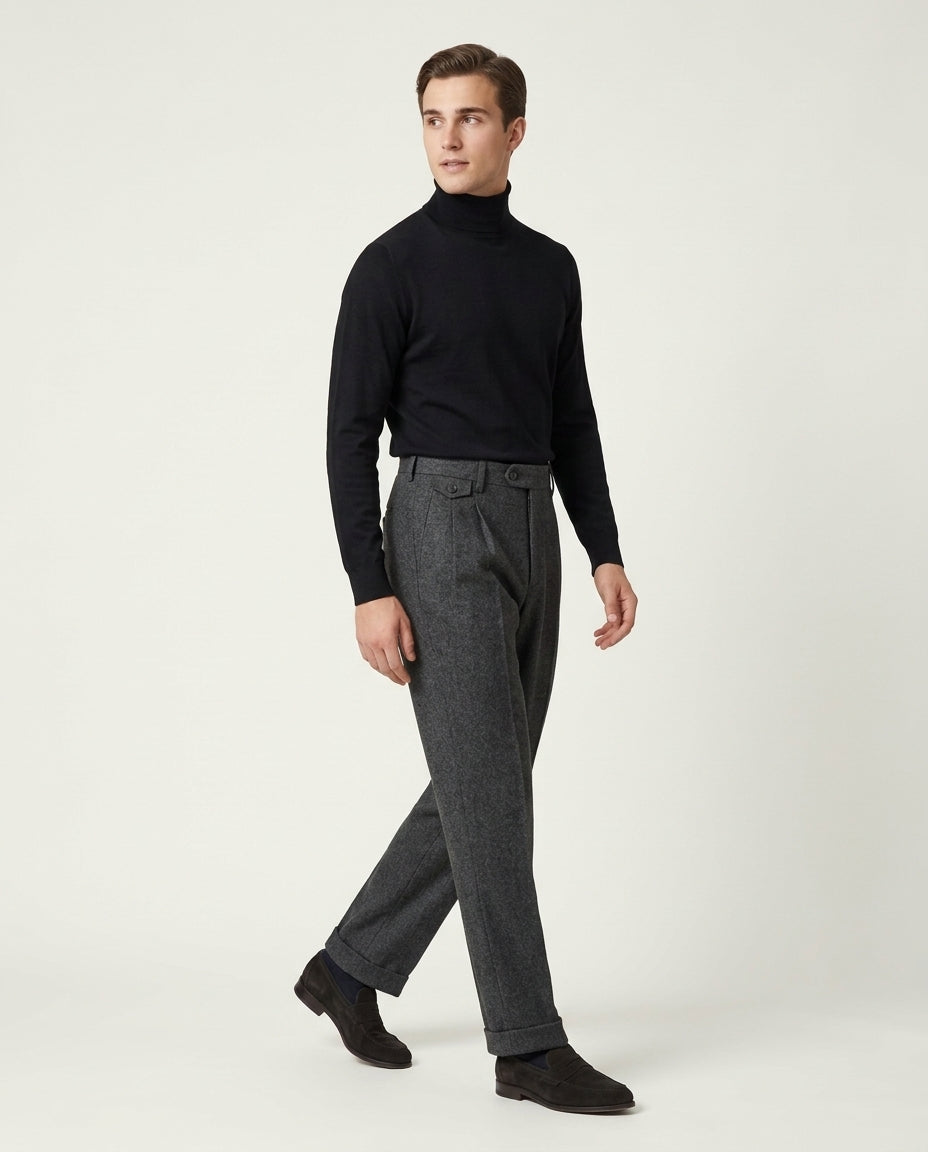Men's Pleated Wide Leg Trousers with Turn-Ups - Grey