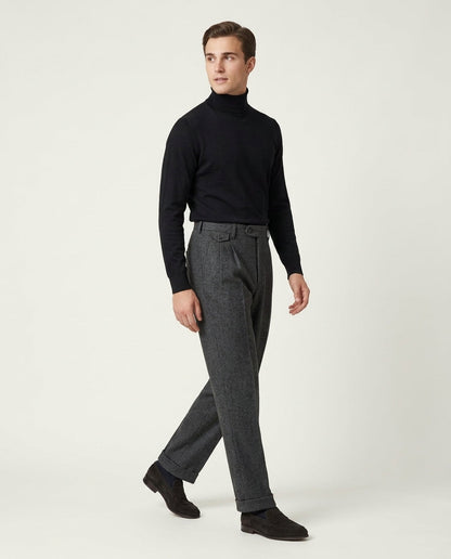 Men's Pleated Wide Leg Trousers with Turn-Ups - Grey