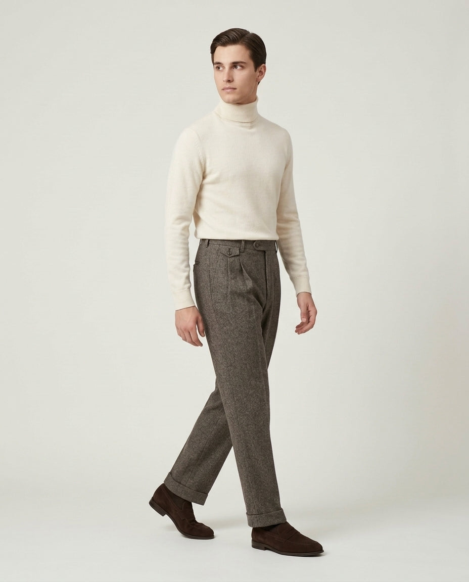 Men's Pleated Wide Leg Trousers with Turn-Ups - Chestnut