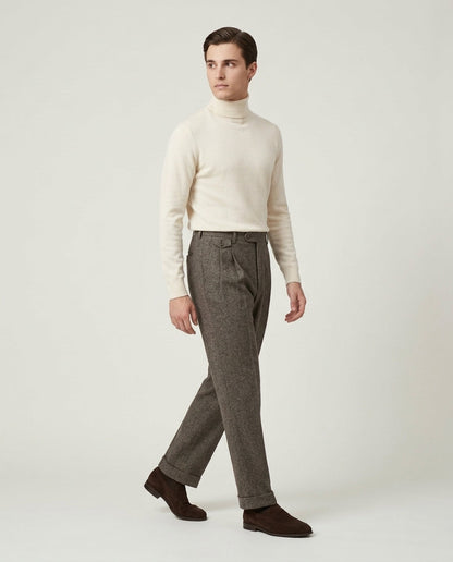 Men's Pleated Wide Leg Trousers with Turn-Ups - Chestnut