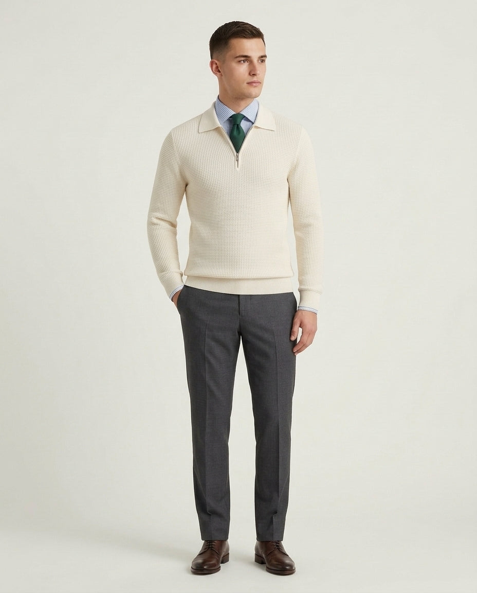 Men's Textured Knit Quarter Zip Jumper with Polo Collar - White
