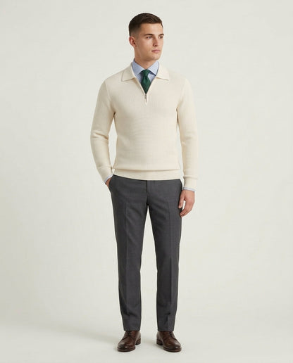 Men's Textured Knit Quarter Zip Jumper with Polo Collar - White