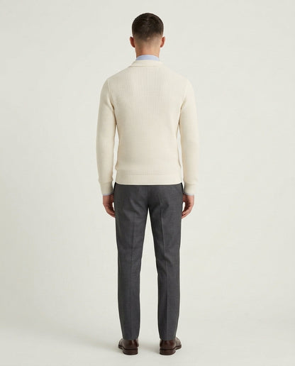Men's Textured Knit Quarter Zip Jumper with Polo Collar - White