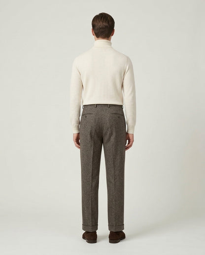 Men's Pleated Wide Leg Trousers with Turn-Ups - Chestnut