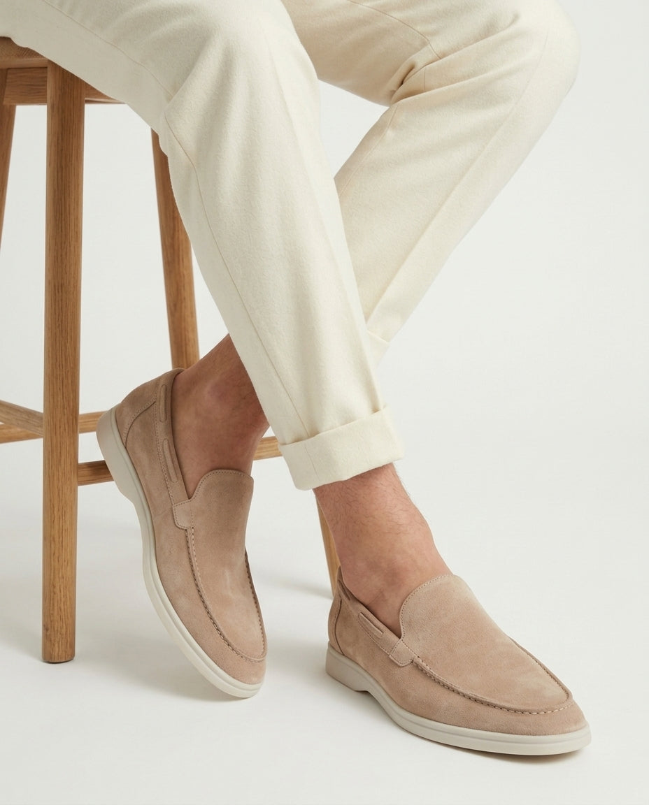 Men's Suede Loafers - Slip-On - Beige
