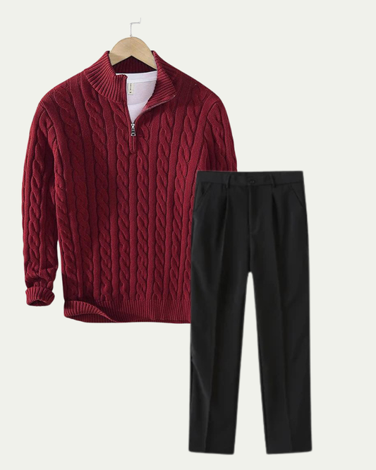 Men's Knitted Quarter Zip Co-ord Set - Cable Knit Jumper and Trousers - Burgundy / Black
