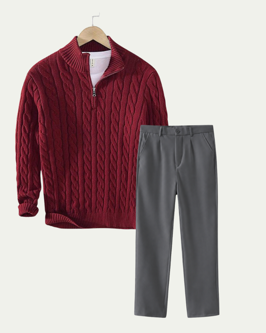 Men's Knitted Quarter Zip Co-ord Set - Cable Knit Jumper and Trousers - Burgundy / Grey