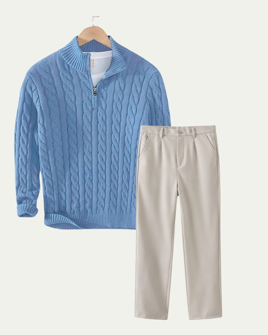 Men's Knitted Quarter Zip Co-ord Set - Cable Knit Jumper and Trousers - Light Blue / Beige
