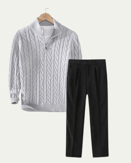 Men's Knitted Quarter Zip Co-ord Set - Cable Knit Jumper and Trousers - Light Grey / Black
