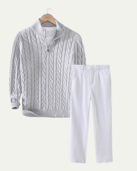 Men's Knitted Quarter Zip Co-ord Set - Cable Knit Jumper and Trousers - Light Grey / White