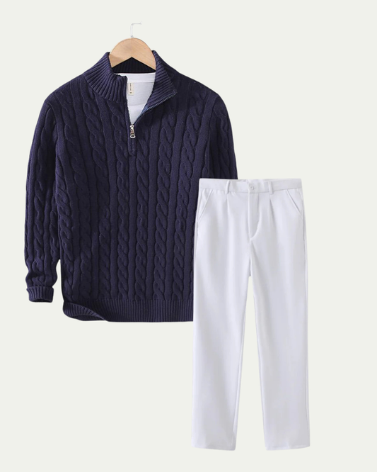 Men's Knitted Quarter Zip Co-ord Set - Cable Knit Jumper and Trousers - Navy / White