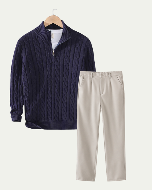 Men's Knitted Quarter Zip Co-ord Set - Cable Knit Jumper and Trousers - Navy / Beige