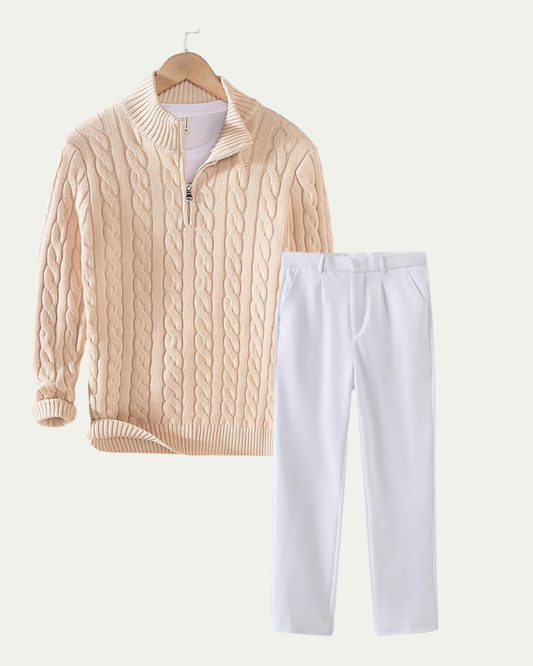 Men's Knitted Quarter Zip Co-ord Set - Cable Knit Jumper and Trousers - Beige / White