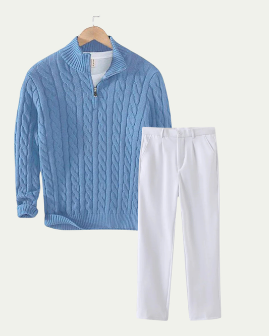 Men's Knitted Quarter Zip Co-ord Set - Cable Knit Jumper and Trousers - Light Blue / White