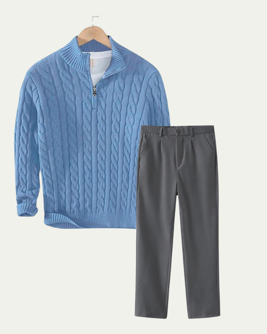 Men's Knitted Quarter Zip Co-ord Set - Cable Knit Jumper and Trousers - Light Blue / Grey