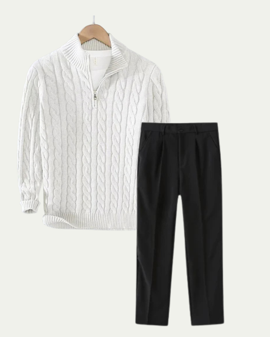 Men's Knitted Quarter Zip Co-ord Set - Cable Knit Jumper and Trousers - White / Black